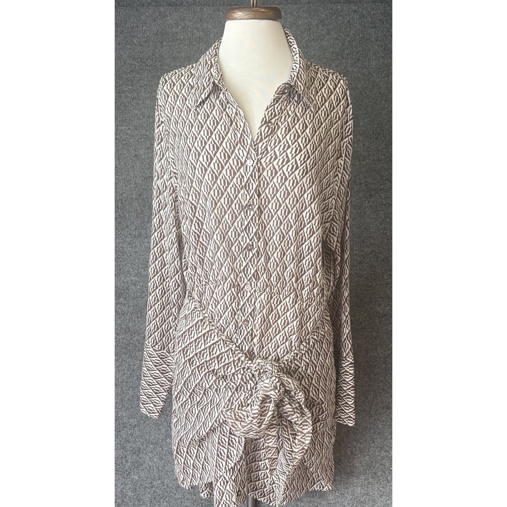 Free People Shirt Dress Womens Large Brown White Geometric Tie Front Long Sleeve